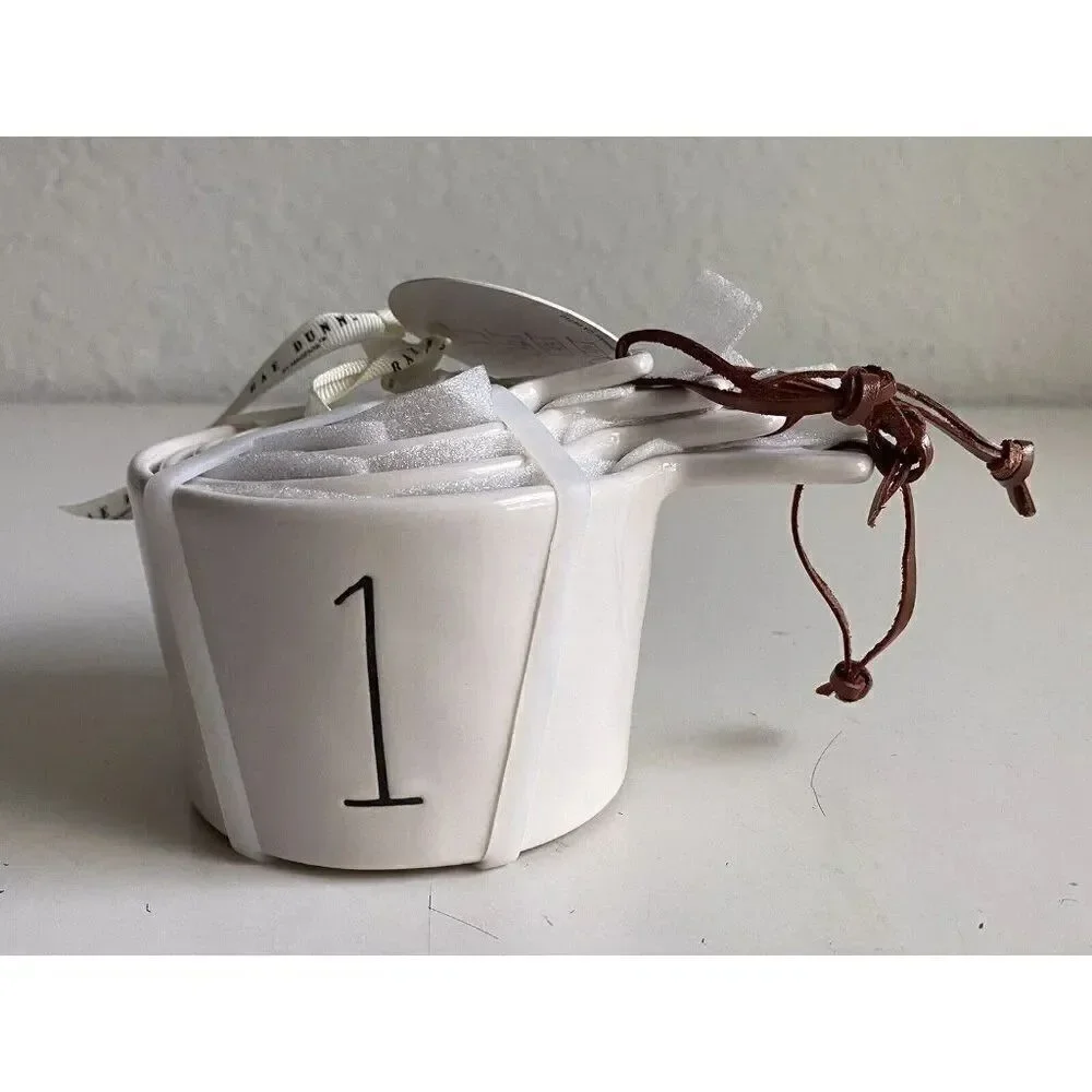Rae‎ Dunn White Ceramic Nesting Measuring Cups With Leather Strings NEW